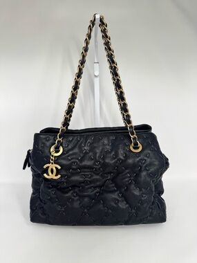 Authentic CHANEL Wild Stitch Tote in Black Caviar Leather with Gold Hardware